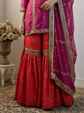 Magenta Silk Shirt with Chiffon Dupatta & Red Banarasi Brocade Gharara