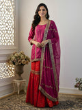 Magenta Silk Shirt with Chiffon Dupatta & Red Banarasi Brocade Gharara