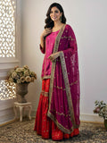 Magenta Silk Shirt with Chiffon Dupatta & Red Banarasi Brocade Gharara