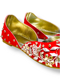 Red Bridal Jutti with Golden Zari, Sequin Embroidery & Crystal Studded Back