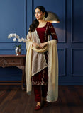 Maroon Tissue Suit with Dabka Zardozi & Pearl Work – Festive Elegance