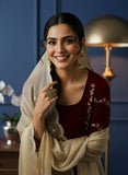 Maroon Tissue Suit with Dabka Zardozi & Pearl Work – Festive Elegance