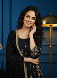 Black Pure Silk Suit with Dabka Zardozi Embroidery & Sequined Pure Chiffon Dupatta – Luxe Wedding & Festive Wear