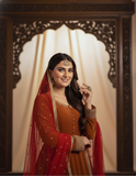 Royal Rust Anarkali Gown with Dupatta – Velvet Bridal Dress for Wedding & Festive Wear