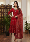 Red Zardozi Work Gown with Organza Dupatta