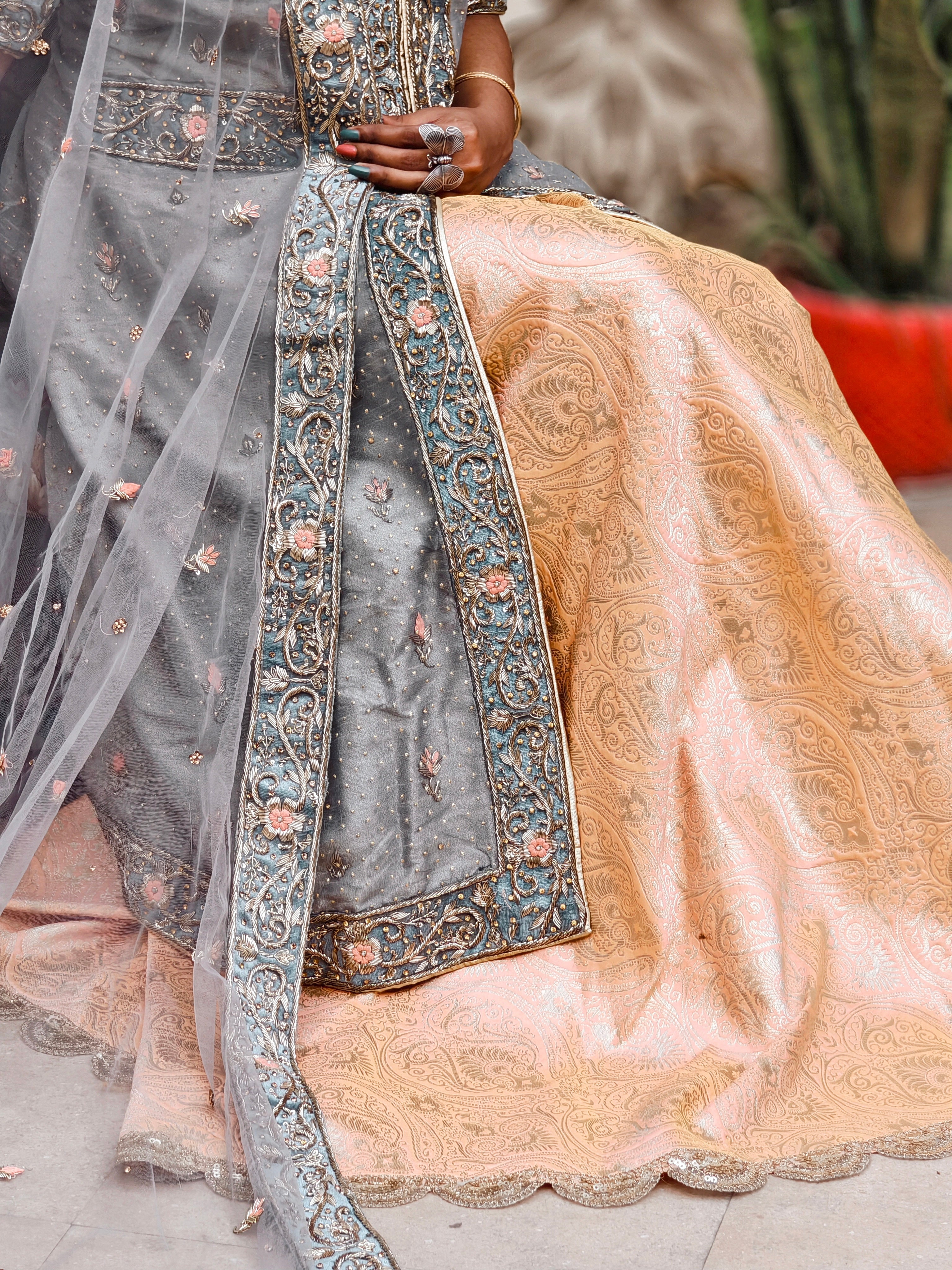 Grey & Peach Bridal Lehenga Set